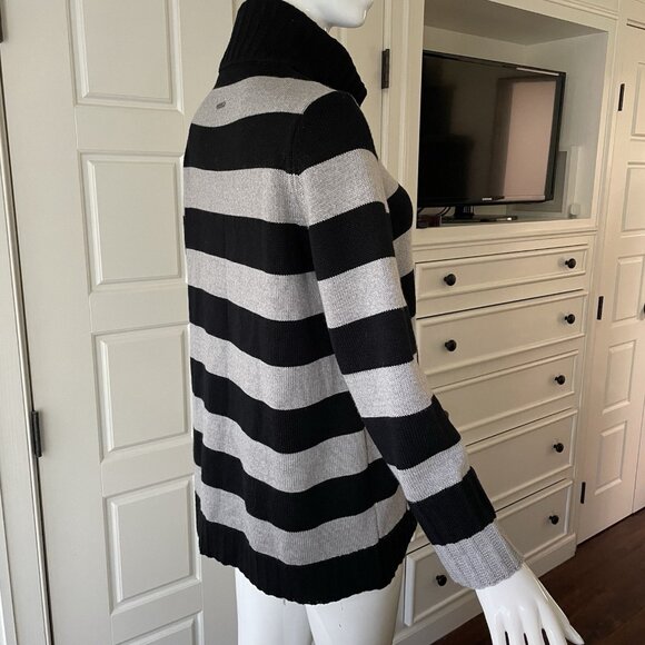 Saint James Wool Black Gray Sailor Stripe Fisherman Cardigan Sweater Size US 12 - Picture 15 of 16